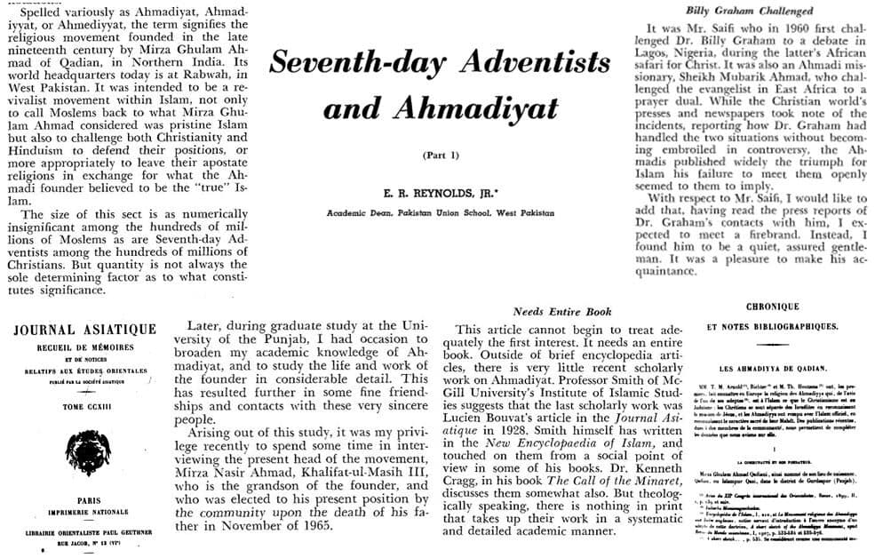ER Reynolds, Seventh-Day Adventist missionary, meets Hazrat Khalifatul Masih III