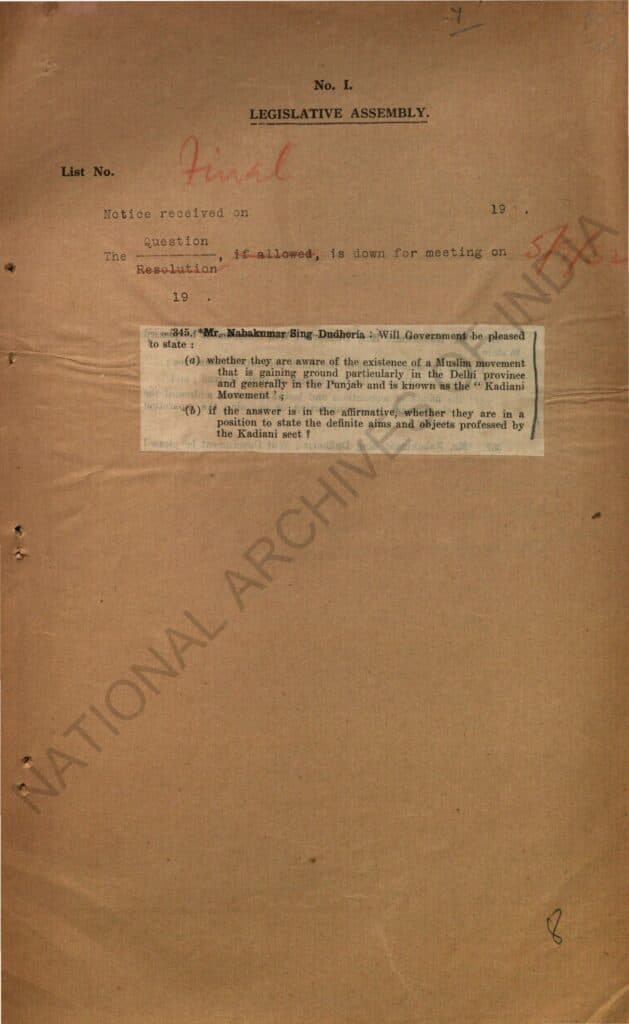 The ‘non-Muslimness’ of Ahmadis: British Government, Indian Muslims and legislative assemblies