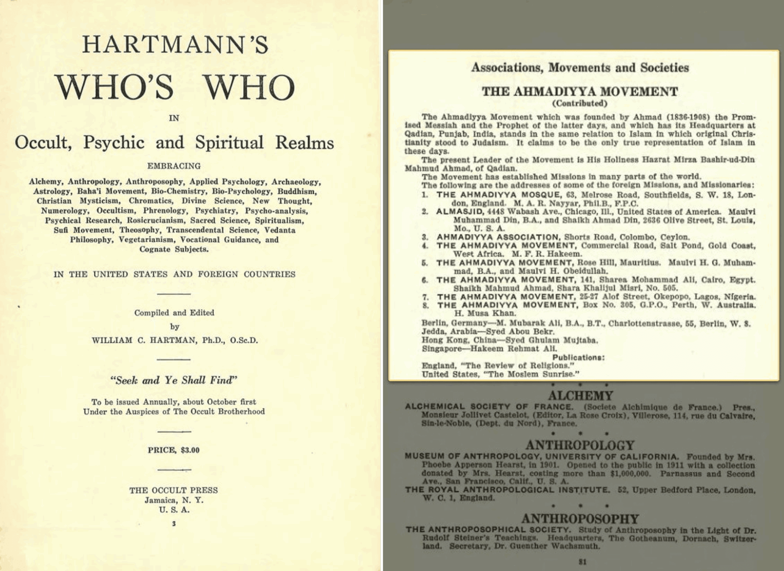 Introduction to the Ahmadiyya Muslim Jamaat in Hartmann’s Who’s Who, 1925