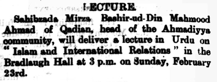 ‘Islam and International Relations’: Hazrat Musleh-e-Maud’s lecture at Bradlaugh Hall, Lahore, 1919 2 CMG 22 Feb 1919