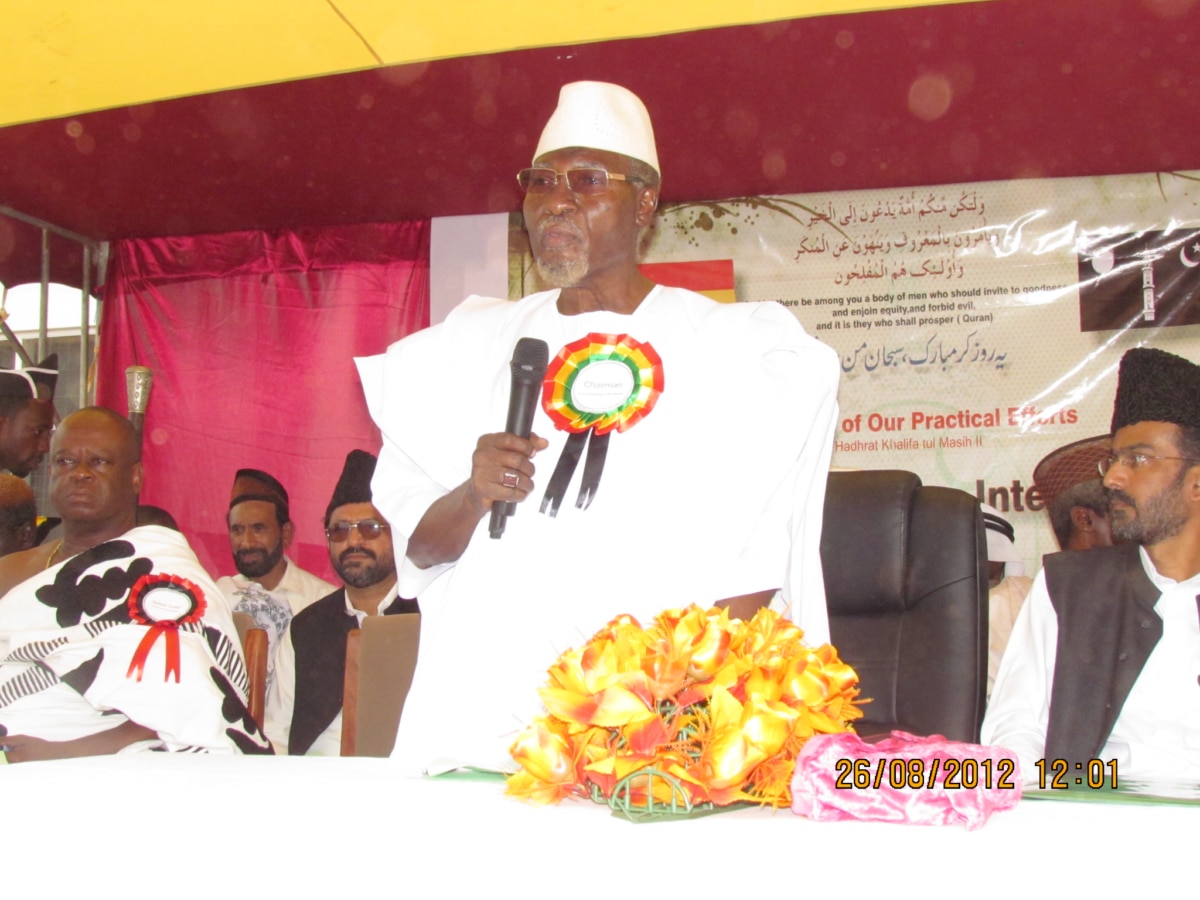 Maulana Abdul Wahab Bin Adam addresses the audience at the inauguration ceremony Jamia Ahmadiyya International Ghana 26 August 2012