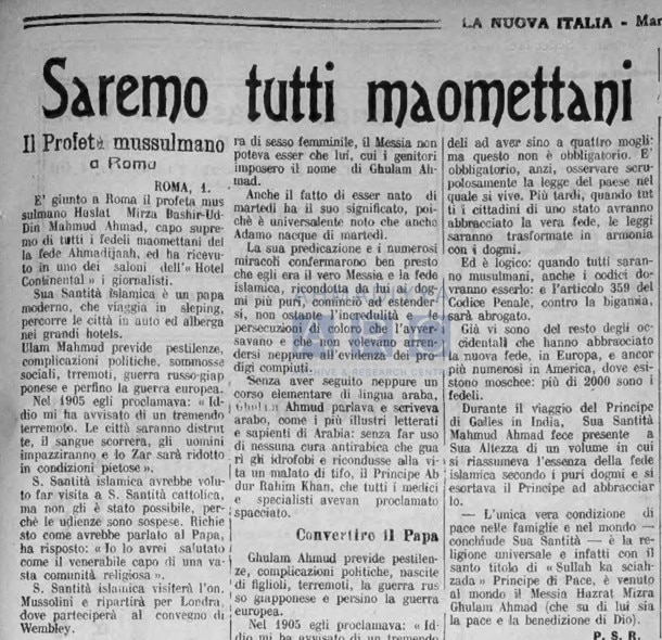 Islam in Italy and Tahrik-e-Jadid: The early years of the Ahmadiyya Mission and press coverage 5 Nuova Italia