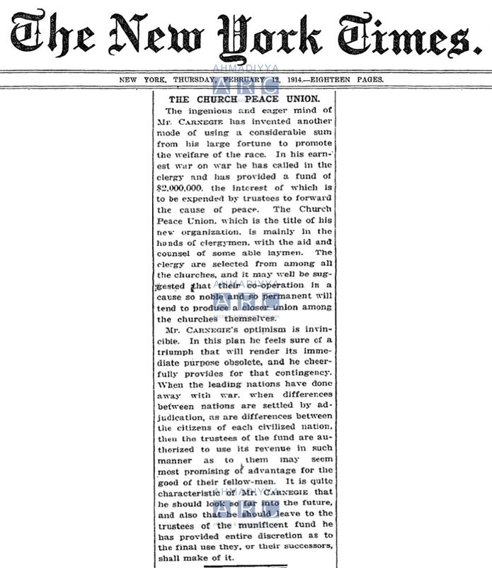 Church Peace Union, Universal Religious Peace Conference and Ahmadiyya missionary 2 1914 Peace