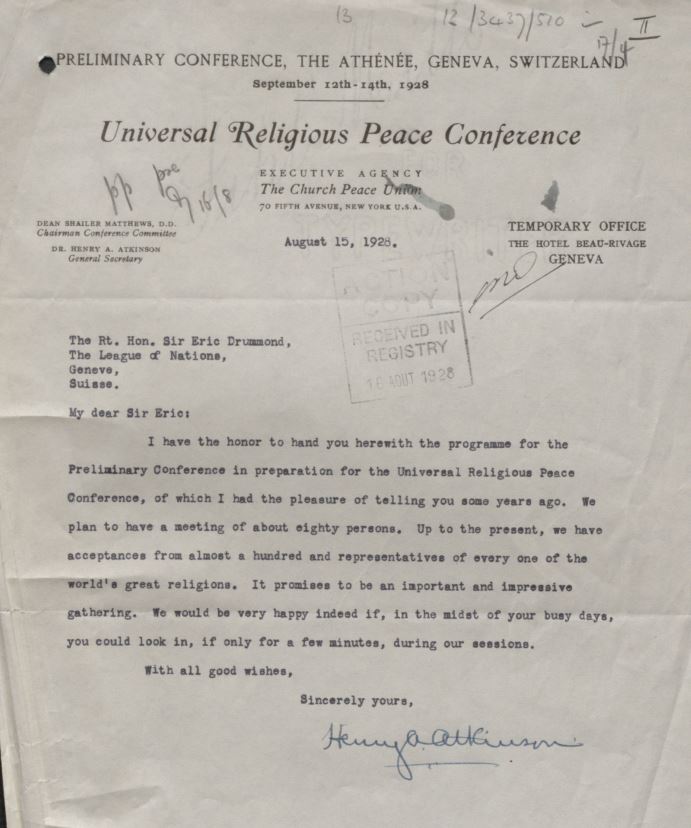 Church Peace Union, Universal Religious Peace Conference and Ahmadiyya missionary 5 Invitation 1928 League
