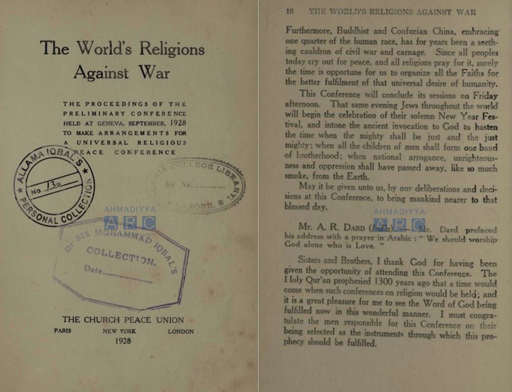 Church Peace Union, Universal Religious Peace Conference and Ahmadiyya missionary 10 Official Report Speech 1928 AR Dard