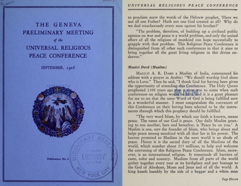 Church Peace Union, Universal Religious Peace Conference and Ahmadiyya missionary 9 Official Report Speech 1928 Dard Sahib