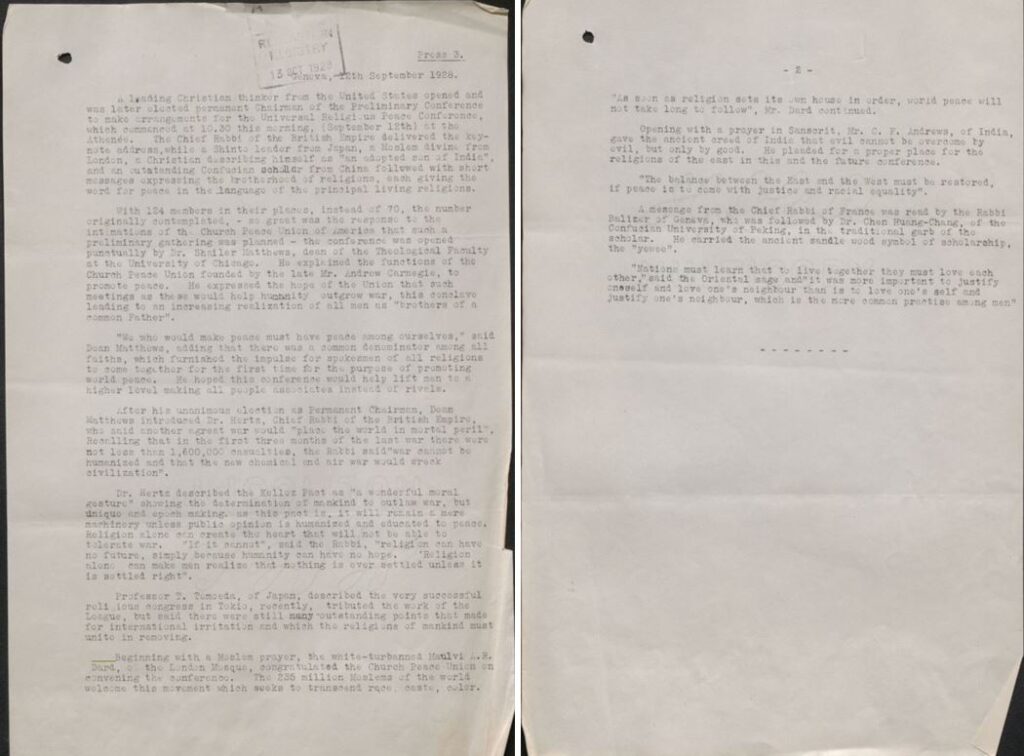 Church Peace Union, Universal Religious Peace Conference and Ahmadiyya missionary 6 Speech in Official Report 1