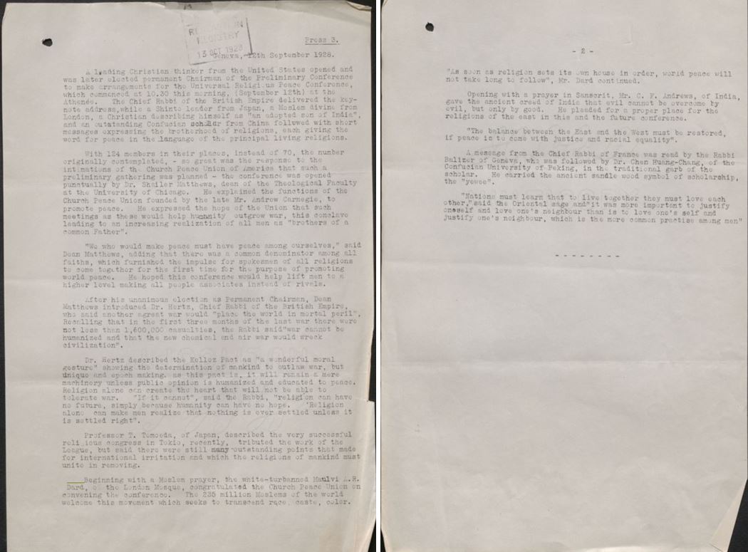 Church Peace Union, Universal Religious Peace Conference and an Ahmadiyya missionary 6 Speech in Official Report 1