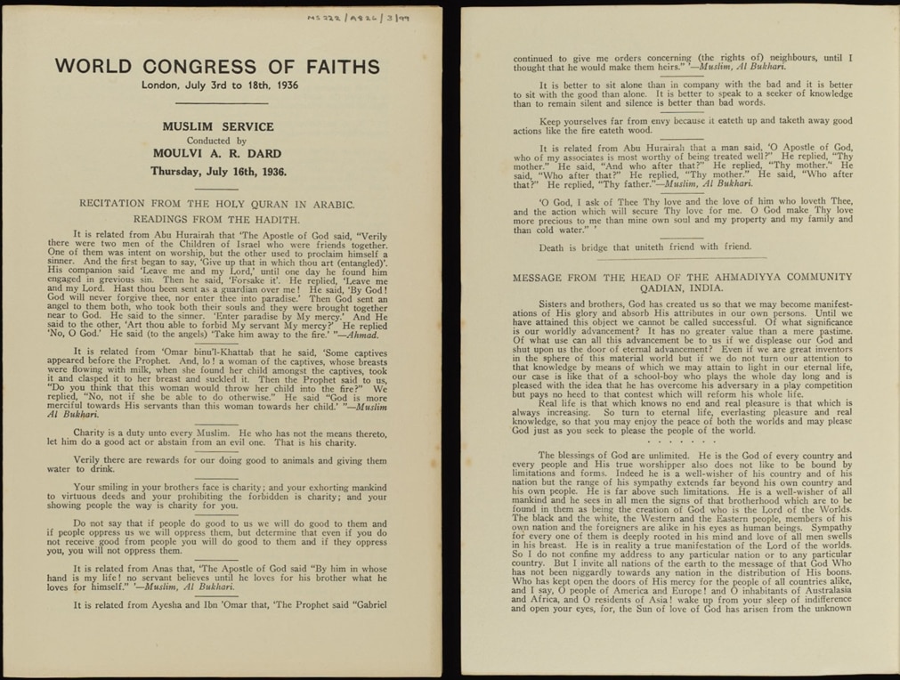 World Fellowship of Faiths in Chicago & London, 1930s: Hazrat Musleh-e-Maud’s messages and speeches by his representatives 13 1936 Address 1
