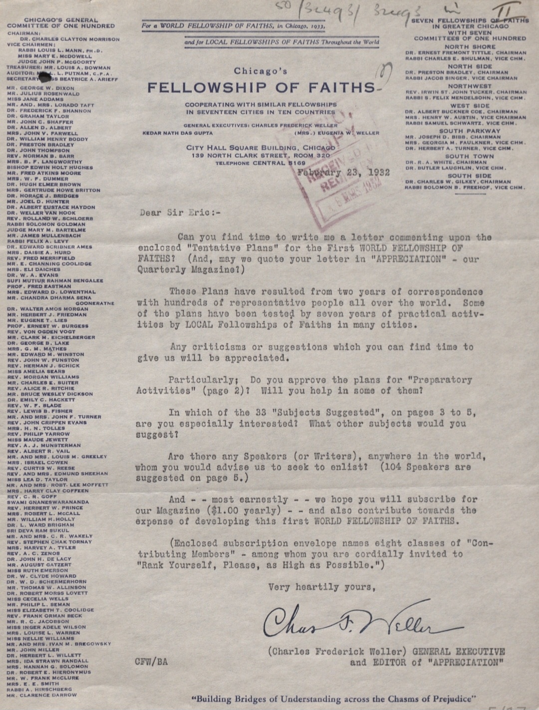 World Fellowship of Faiths in Chicago & London, 1930s: Hazrat Musleh-e-Maud’s messages and speeches by his representatives 6 Eric Drumond