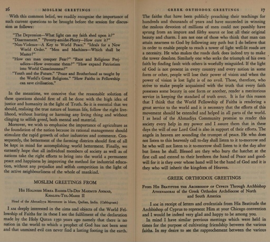 World Fellowship of Faiths in Chicago & London, 1930s: Hazrat Musleh-e-Maud’s messages and speeches by his representatives 9 Huzoor 1