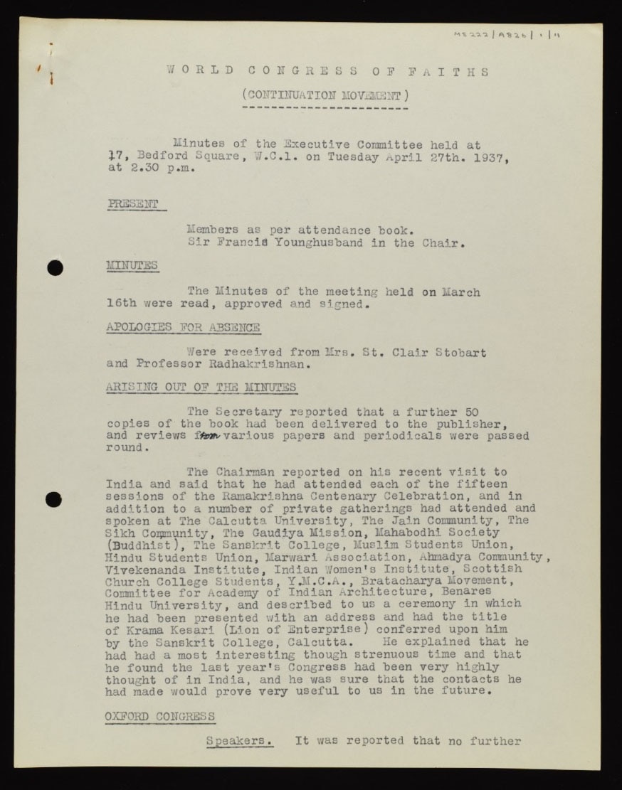 World Fellowship of Faiths in Chicago & London, 1930s: Hazrat Musleh-e-Maud’s messages and speeches by his representatives 15 MS222 A826 1 11 f2 27Apr1937 p1 1