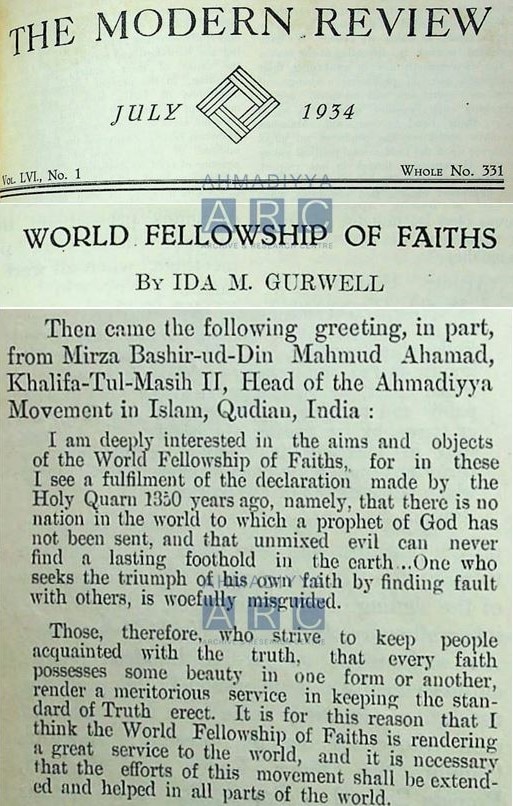 World Fellowship of Faiths in Chicago & London, 1930s: Hazrat Musleh-e-Maud’s messages and speeches by his representatives 8 Modern India