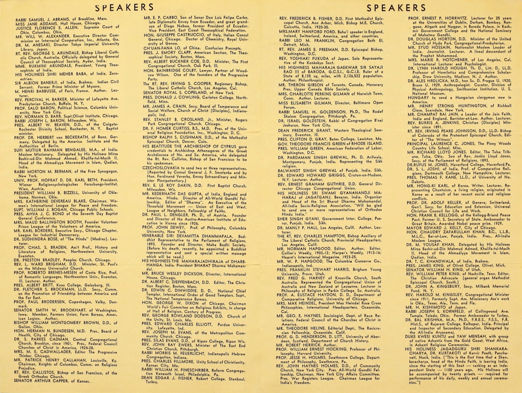 World Fellowship of Faiths in Chicago & London, 1930s: Hazrat Musleh-e-Maud’s messages and speeches by his representatives 10 Speakers 1933