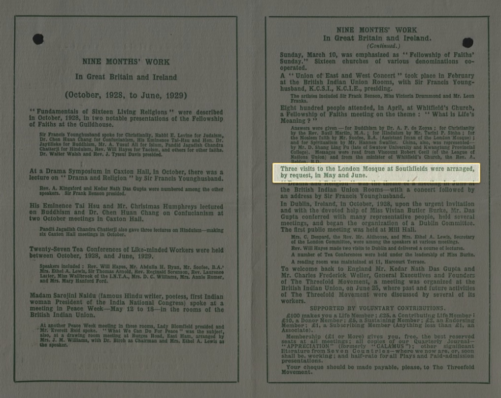 World Fellowship of Faiths in Chicago & London, 1930s: Hazrat Musleh-e-Maud’s messages and speeches by his representatives 4 Visits to London Mosque 1
