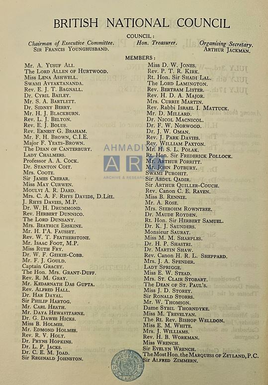 World Fellowship of Faiths in Chicago & London, 1930s: Hazrat Musleh-e-Maud’s messages and speeches by his representatives 11 World Congress of Faiths 1936 Council